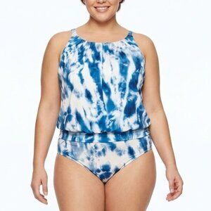 Swim by Cacique Blue Tie Dye Tankini Set Top 18 Bottom 20 High Waist Plus Size